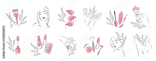 Big set of elements and icons for beauty salon. Nail polish,  manicured female hands and legs, beautiful woman face, lipstick, eyelash extension, makeup, hairdressing. Vector illustrations