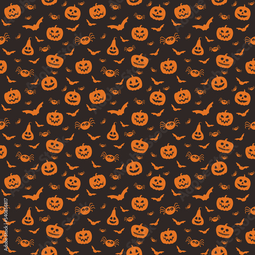 Halloween pattern with creepy pumpkins, bats, and spiders. Seamless texture. Vector