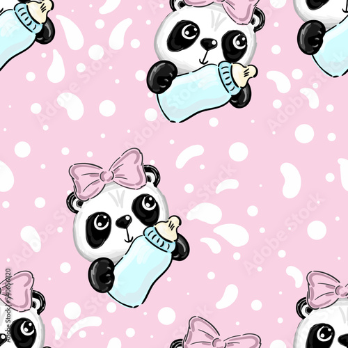 cartoon baby newborn girl panda with bottle of milk on a white background seamless pattern