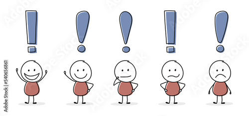 Collection of funny stickman with exclamation mark symbol. Icon set. Vector