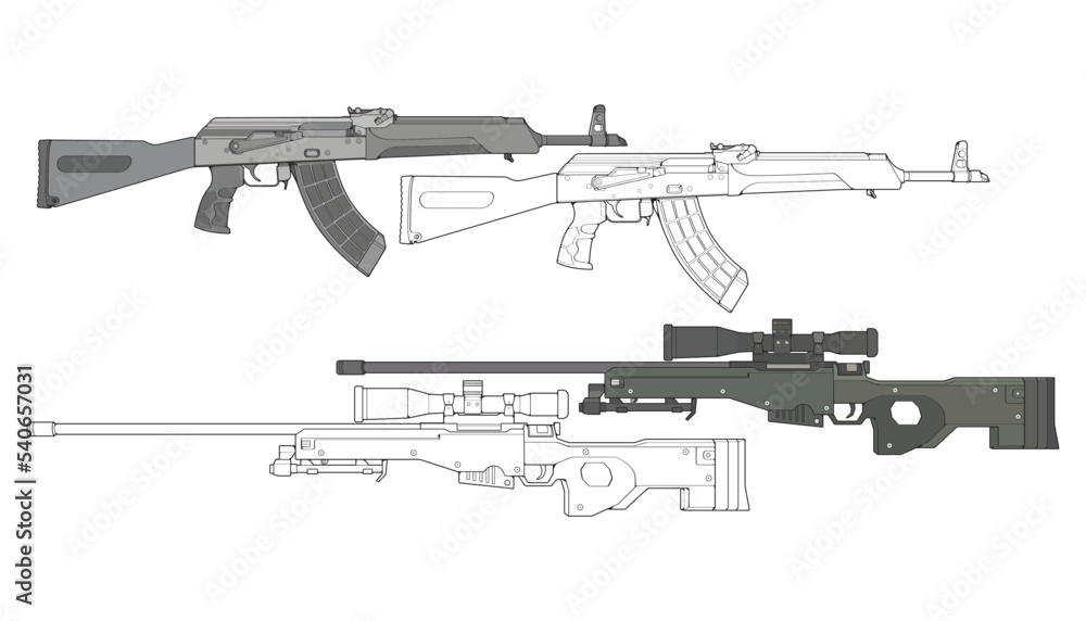 Set of military or police firearms vector style, Shooting gun, Weapon illustration, Vector Line, for training