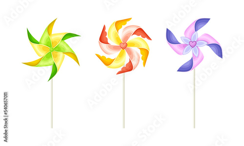 Colorful Pinwheel Toy with Paper Curl Attached to Stick Vector Set