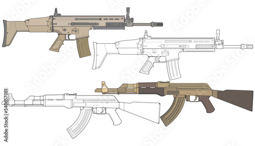 Set of military or police firearms vector style, Shooting gun, Weapon illustration, Vector Line, for training
