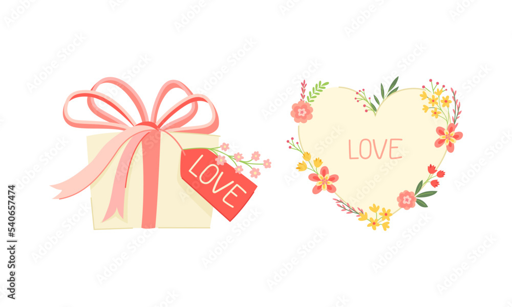 Heart with Flowers and Wrapped Pink Gift Box for Valentines Day Vector Set Heart with Flowers and Wrapped Pink Gift Box for Valentines Day Vector Set