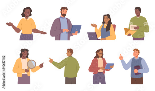 Employees and workers of business company busy with projects and tasks. Isolated man and woman with laptop and files. Flat cartoon character, vector in flat style