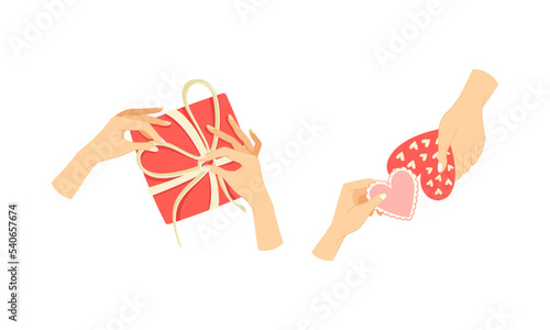 Hand Unwrapping Gift Box and Giving Heart Postcard for Valentines Day Vector Set