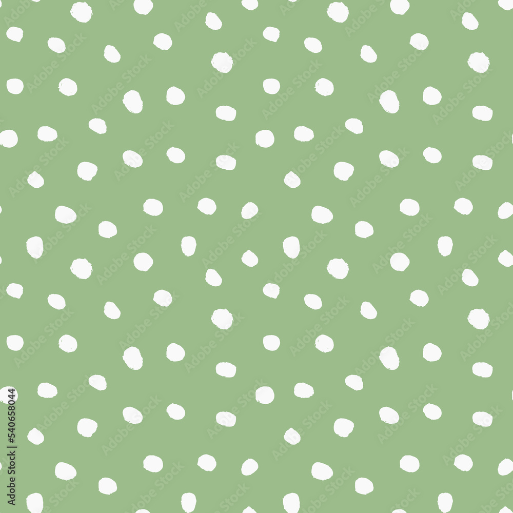 Abstract seamless background with hand drawn polka dots, green and white pattern
