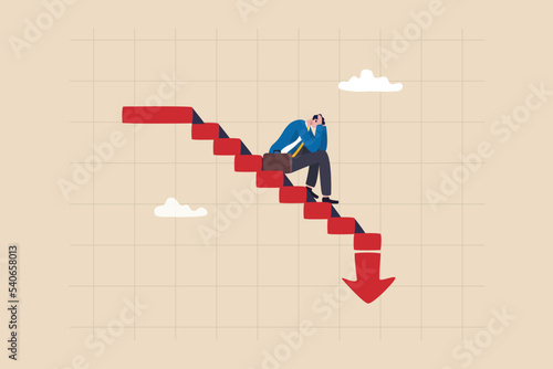 Capital loss or losing money from investment, stock market go down or decline, recession or economic slow down, stock market crisis concept, broke businessman investor on red decline graph and chart.