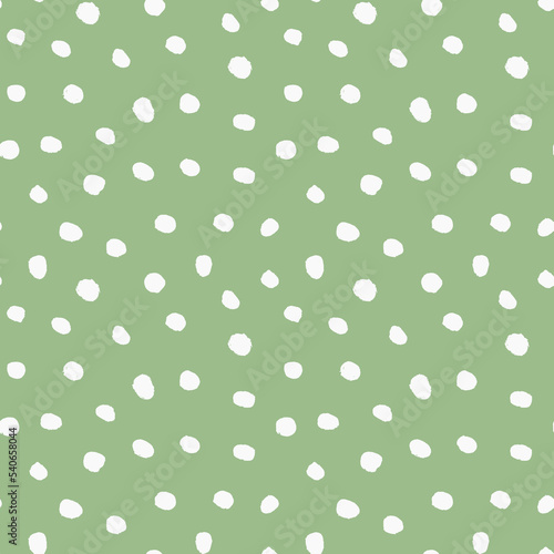 Abstract seamless background with hand drawn polka dots, green and white pattern
