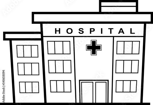 Outlined Cartoon Hospital Building. Vector Hand Drawn Illustration Isolated On Transparent Background