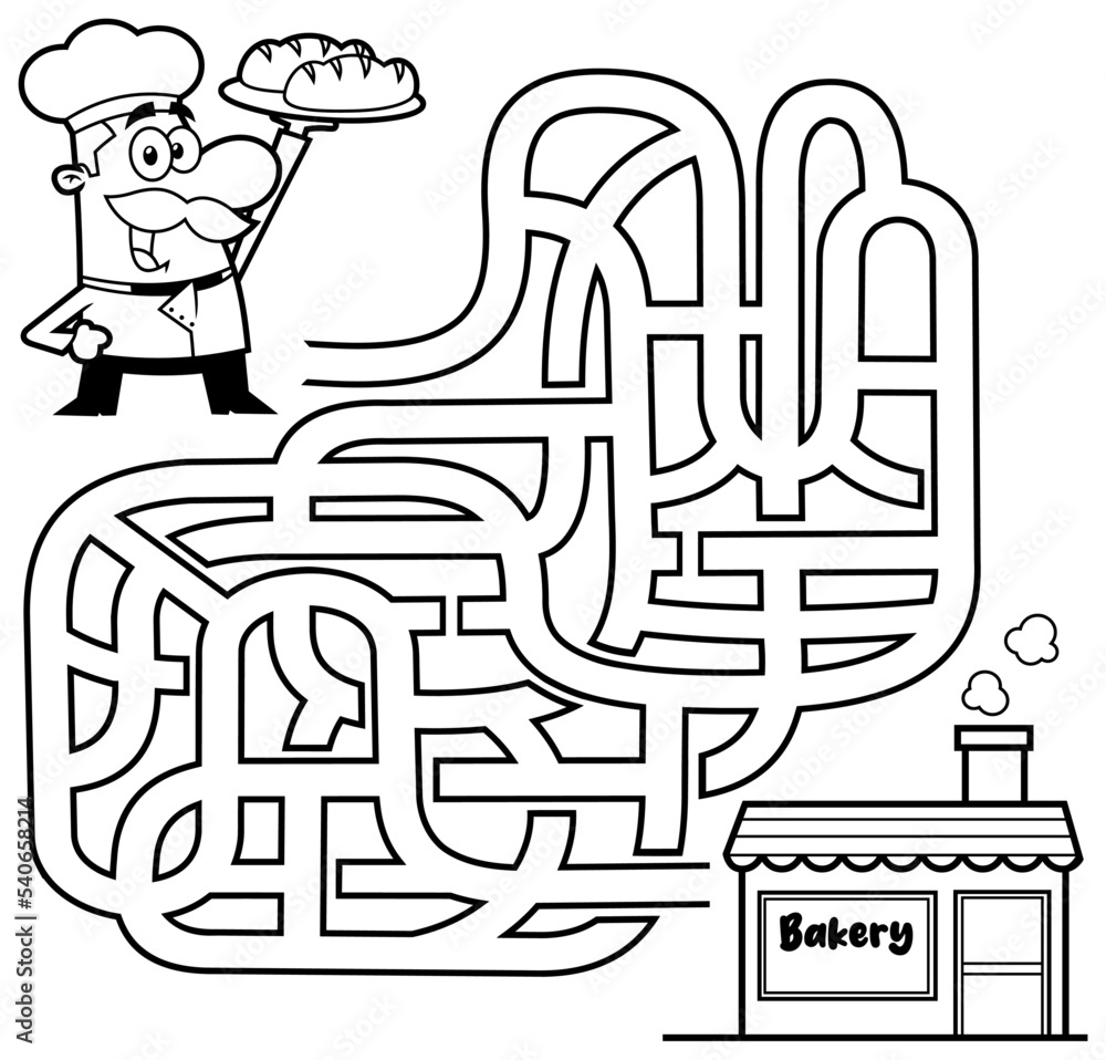 Cartoon Maze Game Education For Kids Help The Baker Get To Bakery. Vector Hand Drawn Illustration Isolated On White Background Cartoon Maze Game Education For Kids Help The Baker Get To Bakery. Vector Hand Drawn Illustration Isolated On White Background
