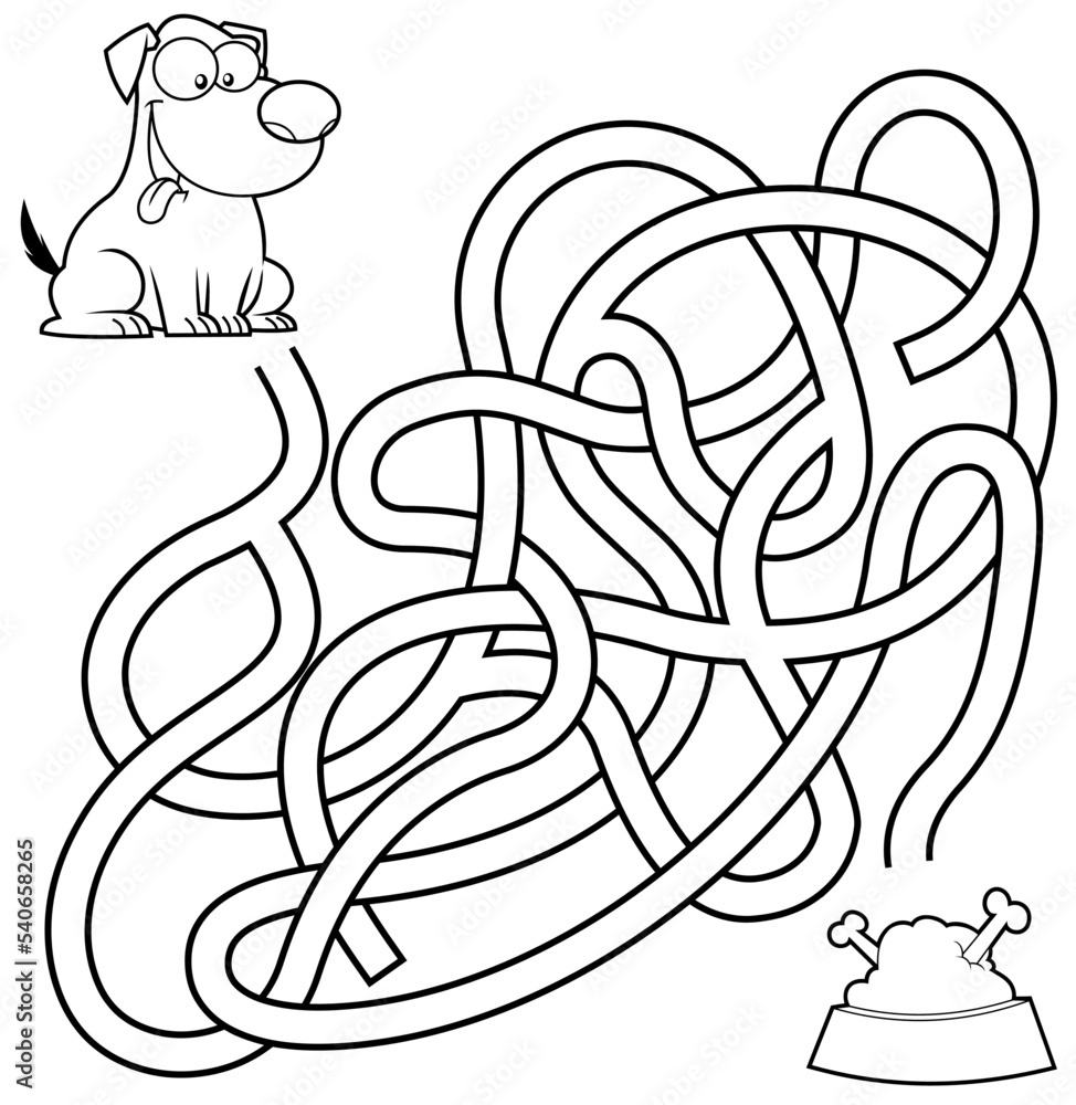 Fototapeta premium Cartoon Maze Game Education For Kids Help the Dog Get To The Food. Vector Hand Drawn Illustration Isolated On White Background