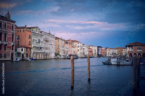 Traditional venetian houses and architecture style view across the Grand Canal in Venice, Italy. With Rialto market place on the right side