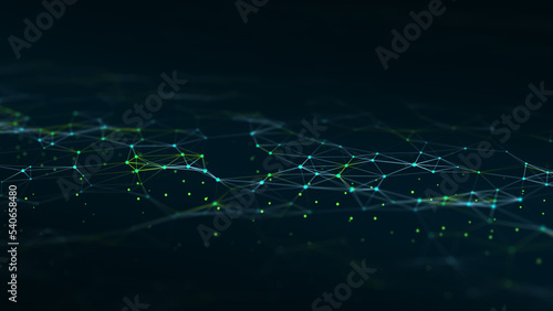 Dynamic wave of particles. Abstract futuristic background. Big data visualization. 3D rendering.