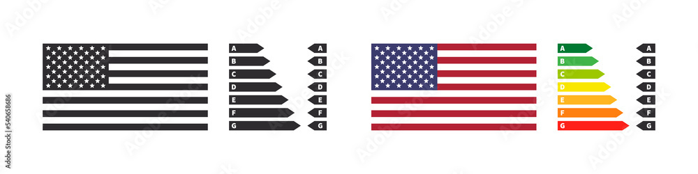 Energy efficiency badges of the USA. Energy rating chart arrows and flag. Vector illustration Energy efficiency badges of the USA. Energy rating chart arrows and flag. Vector illustration