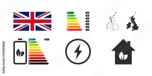 UK Energy Efficiency Badges. Energy Performance icons. Energy rating chart. Vector illustration