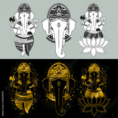 Set of images of Ganesha, or Ganapati, Indian deity, in lotus, head and in full growth, vector illustration in golden outline and black and white