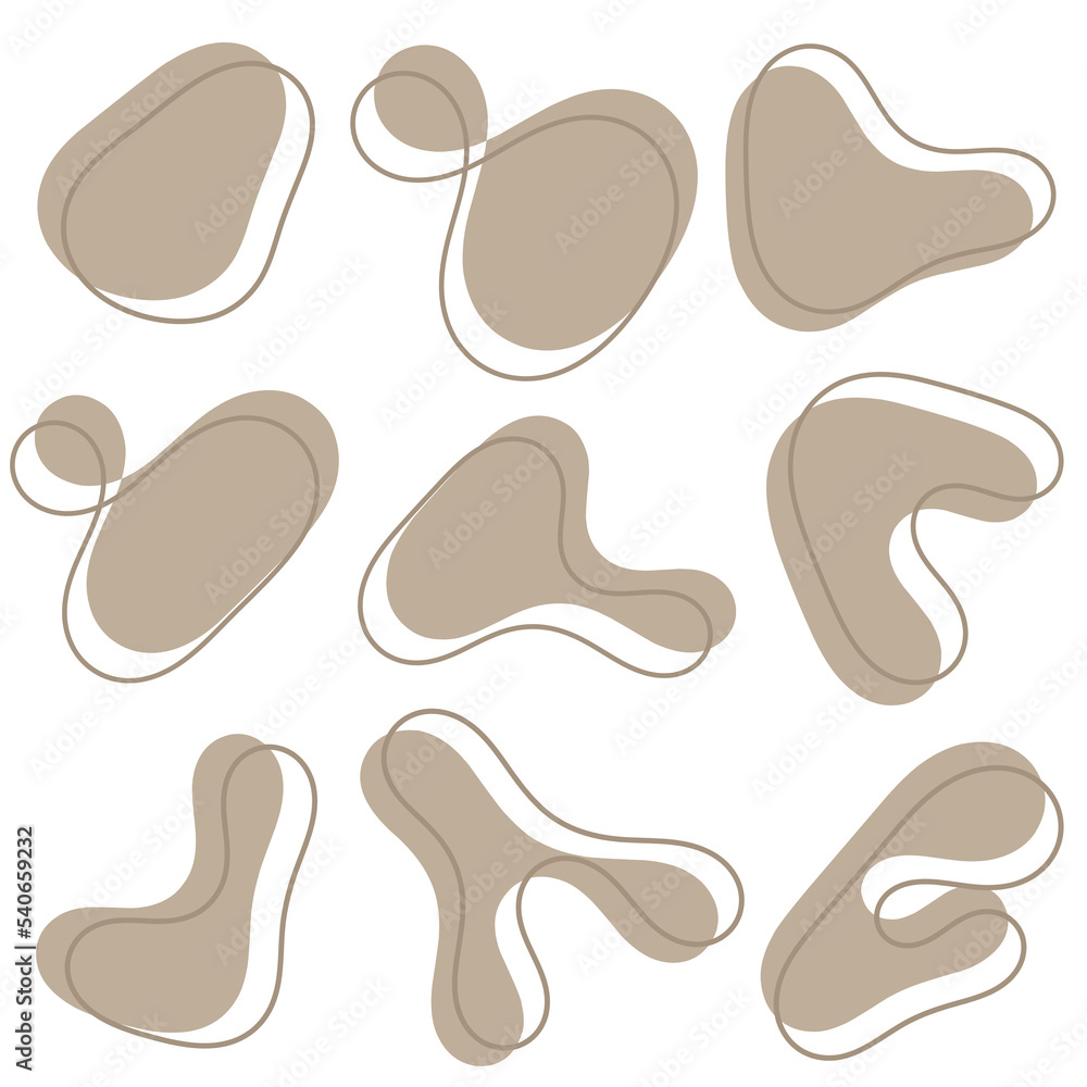 Organic brown blobs irregular shape. Abstract fluid shapes vector set, simple water forms, pastel color. Organic brown blobs irregular shape. Abstract fluid shapes vector set, simple water forms, pastel color.