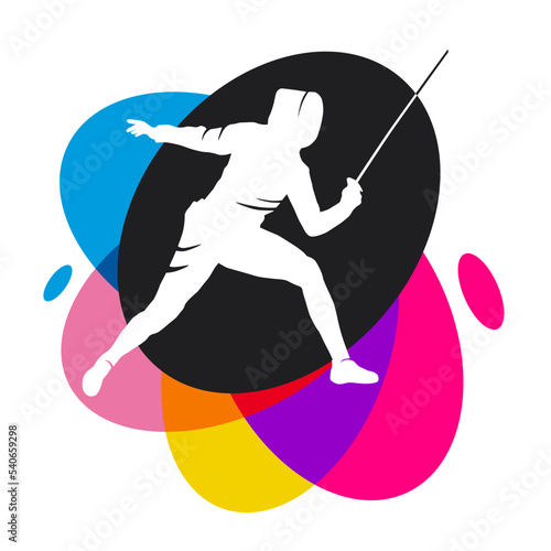 Fencing sport graphic with colorful design elements.