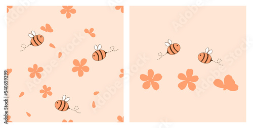 Seamless pattern with orange flower and bee cartoons on pastel background vector illustration. 