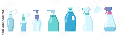 Personal hygiene types of care for cleanliness of hands. Isolated antiseptics and sanitizers in containers with spray, health care bottles set. Vector in flat style