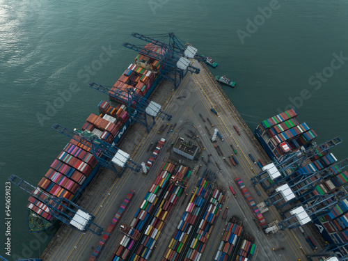 Shenzhen ,China - Circa 2022: Aerial view of landscape at Yantian port in Shenzhen city, China