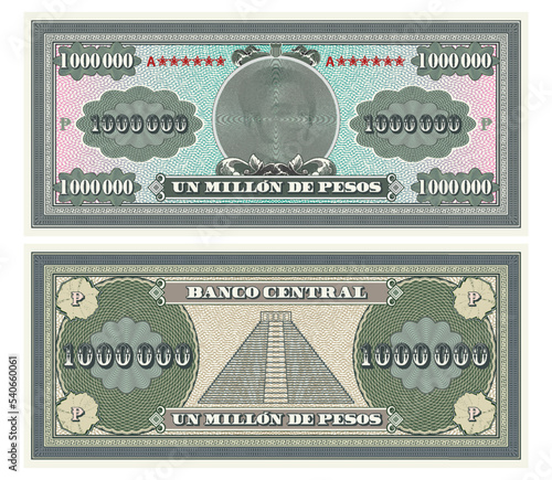 Vector obverse and reverse banknotes denomination, one million pesos, central bank are written in Spanish. Sample bills. Vintage guilloche frames, grids and portrait