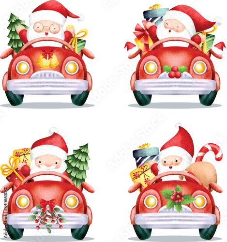 Watercolor Illustration set of Santa Claus riding red car