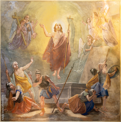 ANNEC, FRANCE - JULY 11, 2022: The fresco of Resurrection in church Notre Dame de Lellis from 20. cent.