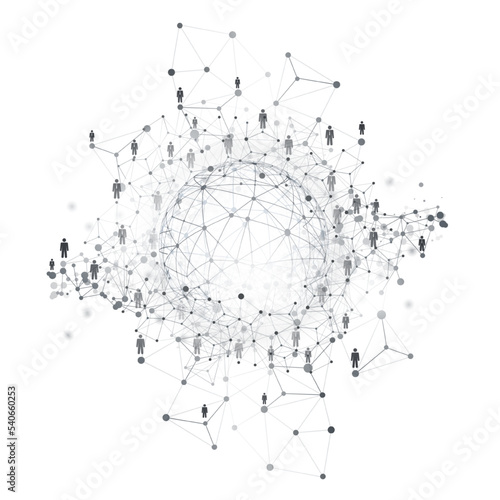 Digital Networks, IT, Global Business Connections - Team Work or Social Media Concept Design with Globe, Connected People and Transparent Polygonal Network Mesh - Template Isolated on White Background