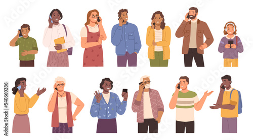 Male and female characters talking on phones, people set. Isolated youth and senior person communicating via smartphones. Teenagers and grandparents. Vector in flat cartoon style