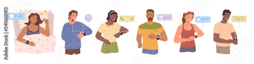 Male and female characters looking at smartwatches, people set. Statistics and analysis of sleep, number of steps and heartbeats. Flat cartoon character, vector in flat style