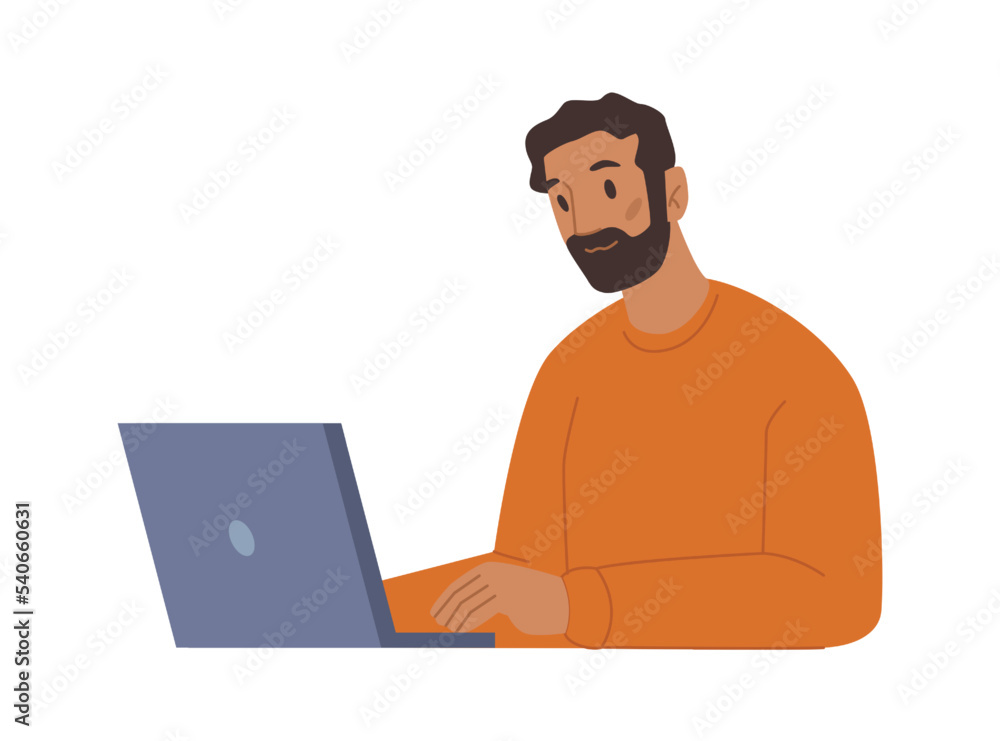 Developer or programmer working on personal computer laptop. Boss or director finishing project online in web. Cartoon character, vector in flat style Developer or programmer working on personal computer laptop. Boss or director finishing project online in web. Cartoon character, vector in flat style