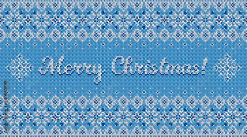 Merry Christmas banner with knitted background. Sweater pattern with scandinavian ornament and greeting text. Vector horizontal card.