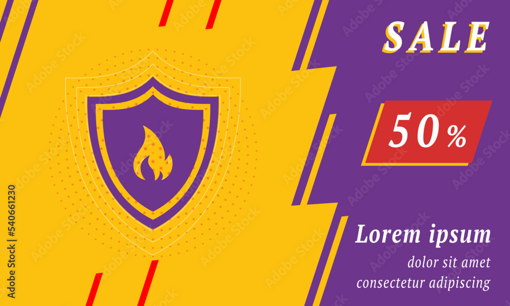 Sale promotion banner with place for your text. On the left is the fire protection symbol. Promotional text with discount percentage on the right side. Vector illustration on yellow background Sale promotion banner with place for your text. On the left is the fire protection symbol. Promotional text with discount percentage on the right side. Vector illustration on yellow background