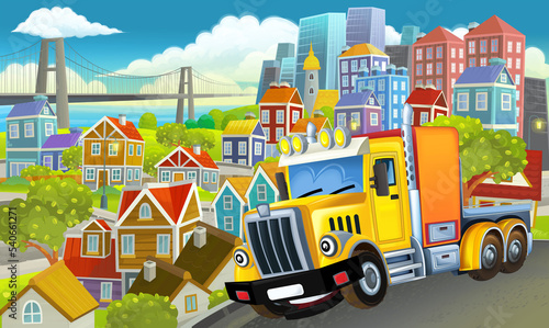 cartoon industrial truck through the city illustration © honeyflavour