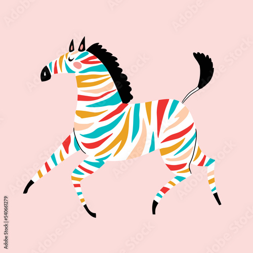 Rainbow zebra in hand-drawn style. Cute vector illustration poster design. Funny zoo print.