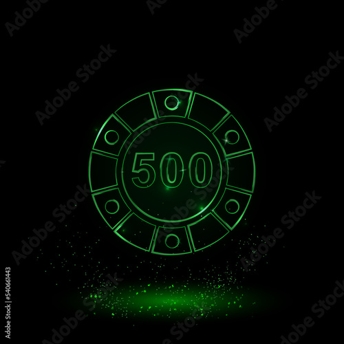 A large green outline poker chip symbol on the center. Green Neon style. Neon color with shiny stars. Vector illustration on black background