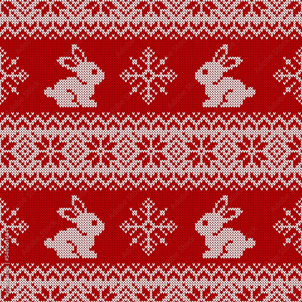 Knitted seamless pattern for 2023 New Year of the Rabbit. Vector background with cute bunnies, snowflakes, and traditional scandinavian ornaments. Red and white sweater print. Knitted seamless pattern for 2023 New Year of the Rabbit. Vector background with cute bunnies, snowflakes, and traditional scandinavian ornaments. Red and white sweater print.