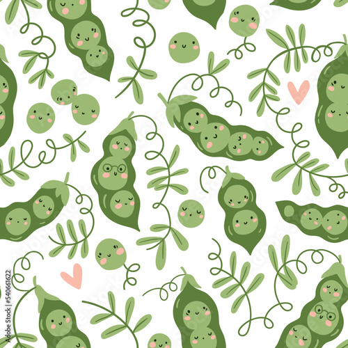 Green peas seamless pattern with cute faces in hand-drawn style. vector cute green natural design for tea towels and kitchen cloth. 