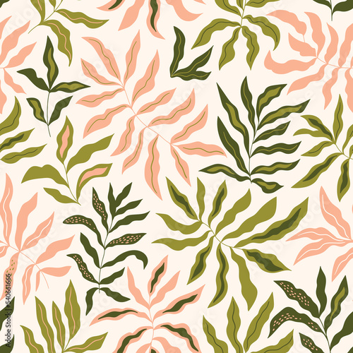 Vector tropical leaves seamless pattern. Hand drawn palm leaf for summer design. Exotic seamless background for fabric or wallpaper.