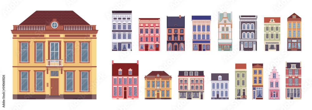 Townhouse, town home, terrace house cartoon set. Wealthy single family elegant residence, row of attached city dwellings in classical design, bright multiple floors. Vector flat style illustration