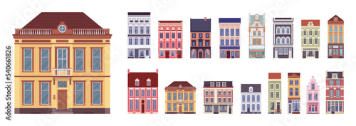 Townhouse, town home, terrace house cartoon set. Wealthy single family elegant residence, row of attached city dwellings in classical design, bright multiple floors. Vector flat style illustration