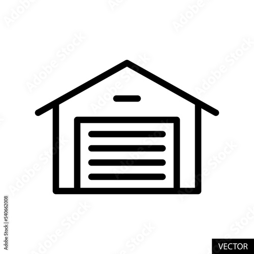 Warehouse, Car shed, Storage, Garage, Storehouse vector icon in line style design for website, app, UI, isolated on white background. Editable stroke. Vector illustration.