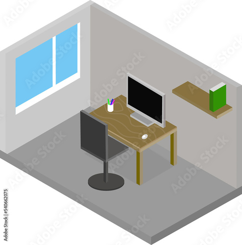 A room with a computer in a gray office, on a brown table in 3 d on a white background.
