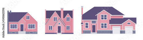 Light pink home exterior, facade cartoon set. Buying dream house with garage, building decor for designers, architects, builders, homebuyer architectural inspiration. Vector flat style illustration