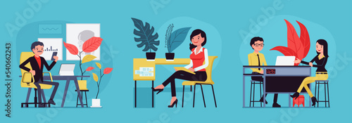 Business and lifestyle scene cartoon set. Businessman working at desk, office interior, woman, office assistant sitting, bank teller customer service. Vector creative vibrant botanical illustration