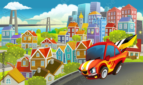 cartoon sports car speeding in the city illustration