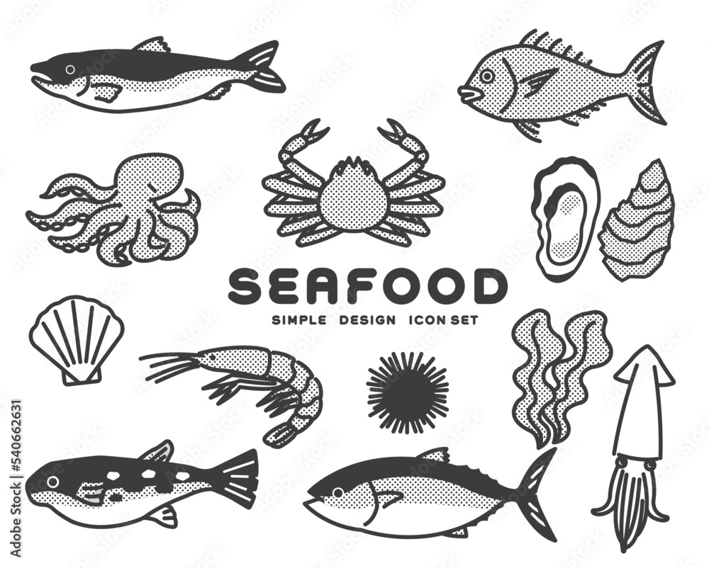 シンプルでかわいい、マグロやタコなどの魚介類のベクターイラスト素材／漁業／海鮮／食べ物