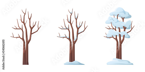 Tree branches and ground covered with snow. Isolated perrenial plant during winter season and bad weather conditions. Blizzard and snowfall. Vector in flat style
